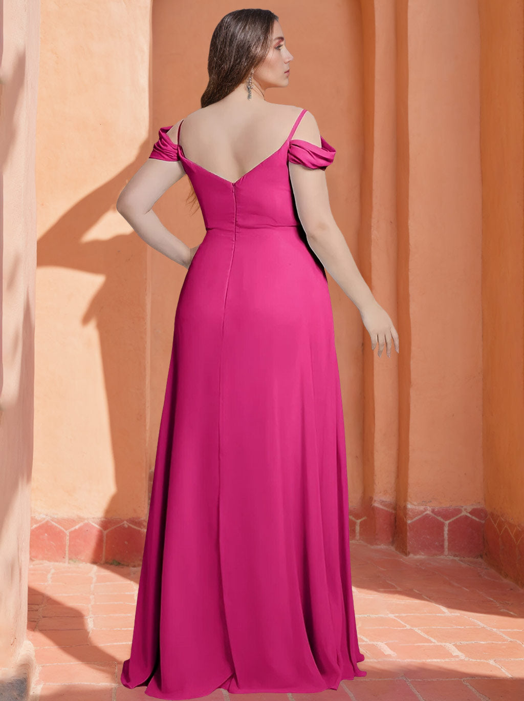 A-Line/Princess Spaghetti Straps V-Neck Sleeveless Floor-Length Plus Size Chiffon Bridesmaid Dresses with Split Side