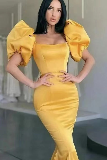 Yellow Square Bubble Sleeves Mermaid Long Prom Dress ED0261