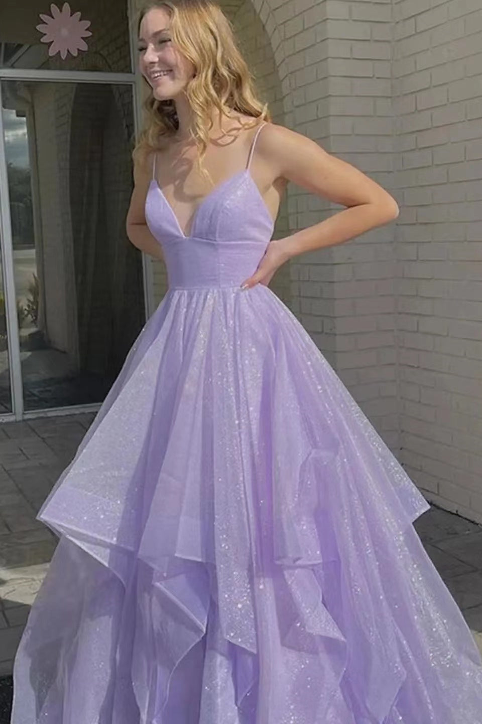 Lilac Spaghetti-Strap V-Neck A-Line Long Prom Dress With Tulle ED0257