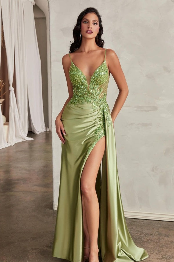 Green Embroidery Split Spaghetti Straps Prom Dress ZT0293