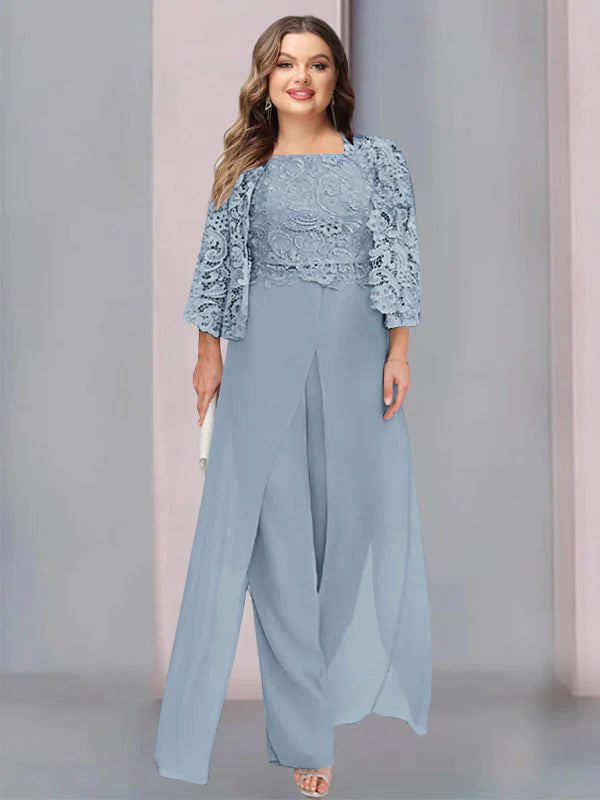 Chiffon Square Neck Floor-Length Plus Size Mother of the Bride Pantsuits with Jacket & Split Side