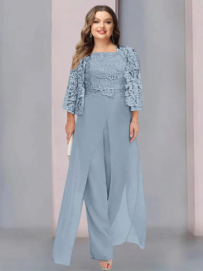 Chiffon Square Neck Floor-Length Plus Size Mother of the Bride Pantsuits with Jacket & Split Side