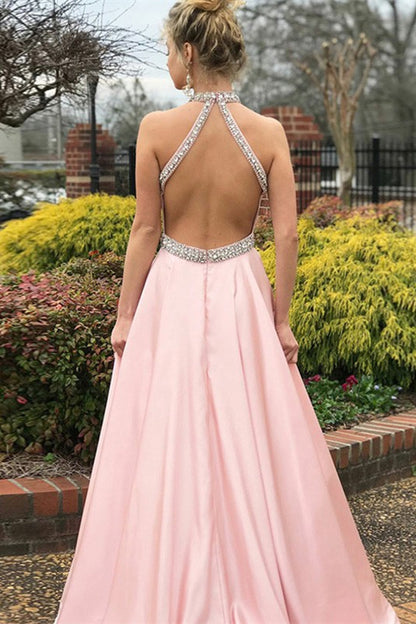 Pink Halter Sleeveless Mermaid Prom Dress With Beads PD0602