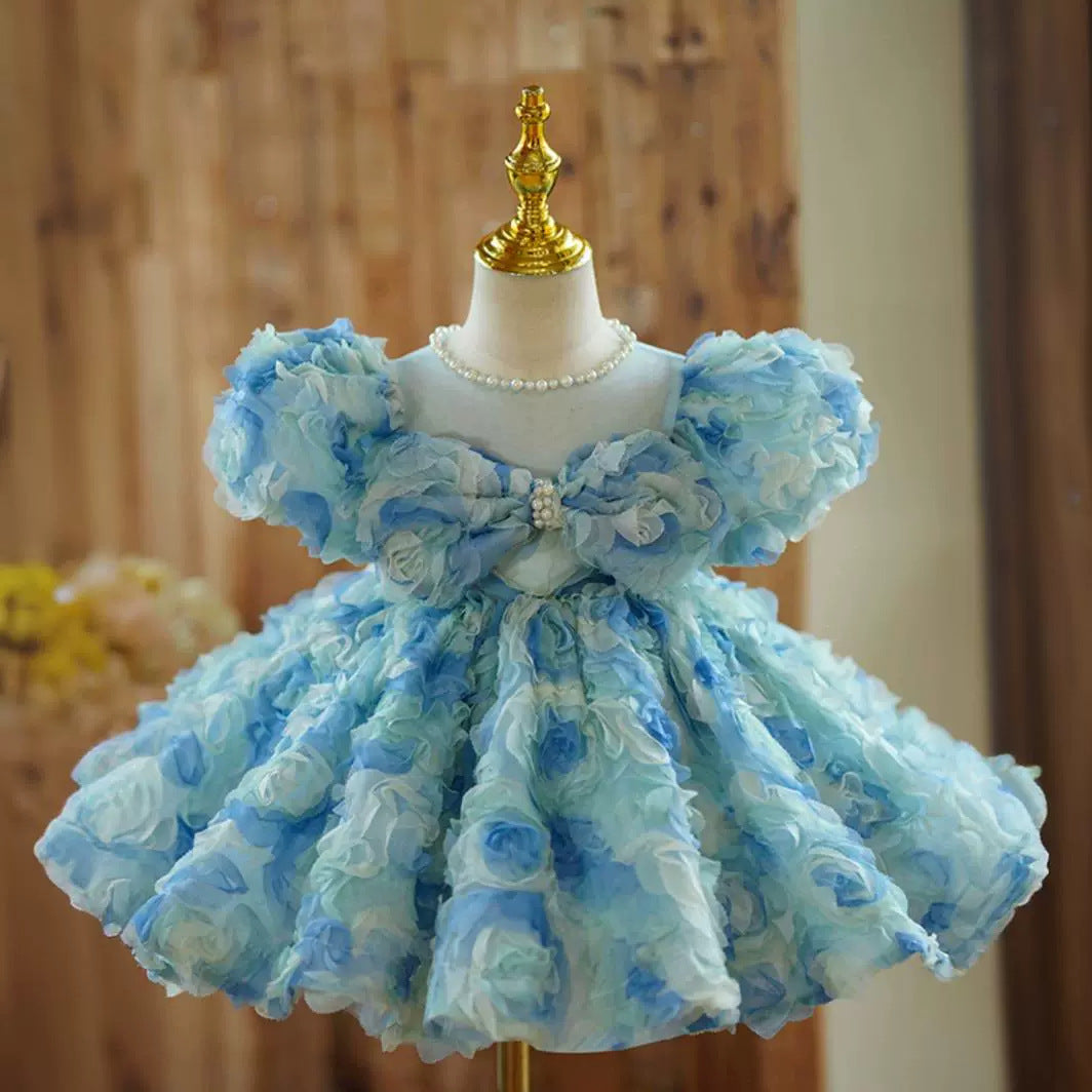 Beaded Round Neck Short Sleeves Knee-Length Baby Girl Dress with Ruched Flowers