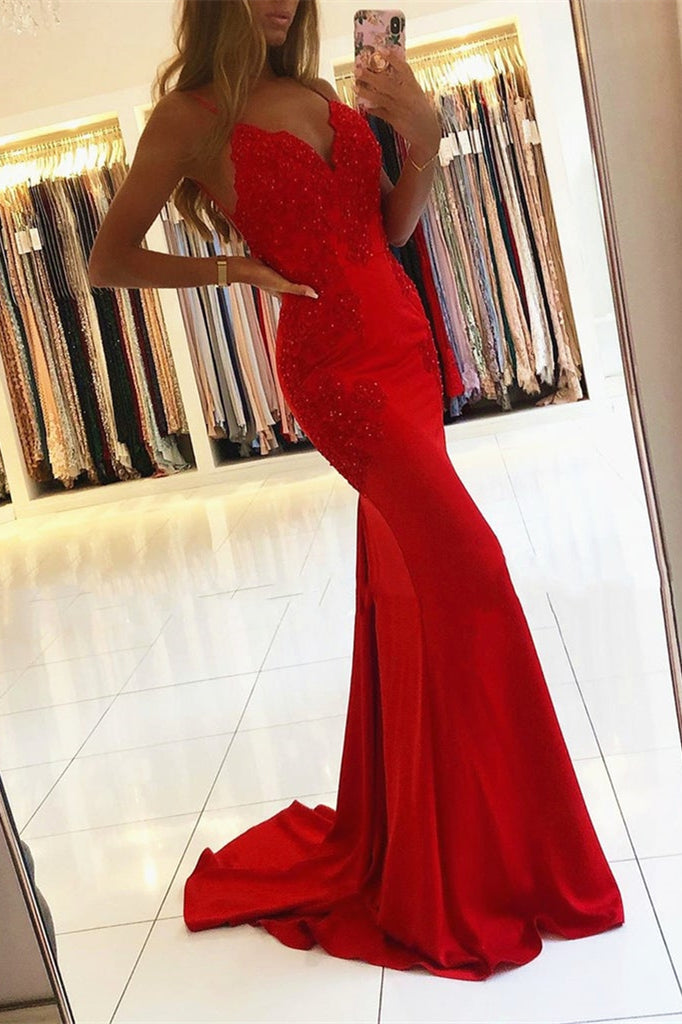 Red Spaghetti-Straps Mermaid Prom Dress With Appliques PD0419