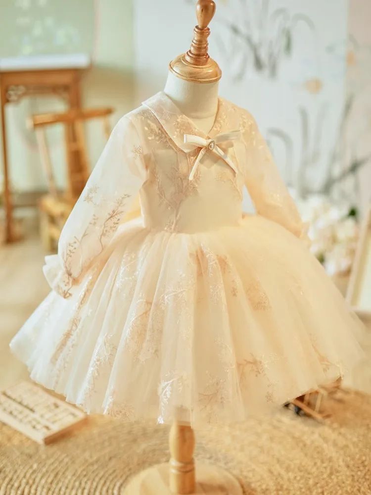 Knee Length Long Sleeves Flower Girl Party Lace Dress with Bow