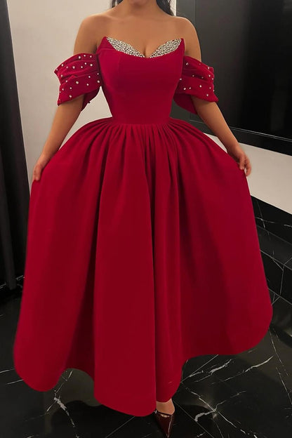 edgynewlook Beautiful Red Sweetheart Off the Shoulder Strapless A Line Prom Dress with Beadings