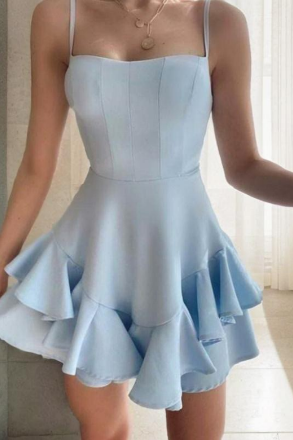 Baby Blue Spaghetti Strap Homecoming Dress Ruffles Prom Dress HC0044