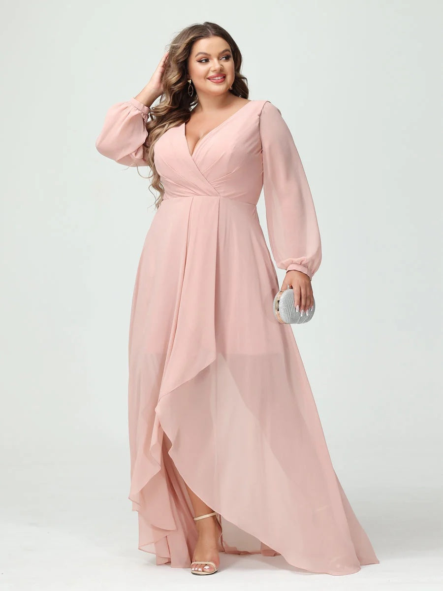 A-Line/Princess V-Neck Long Sleeves Asymmetrical Plus Size Bridesmaid Dresses with Pockets