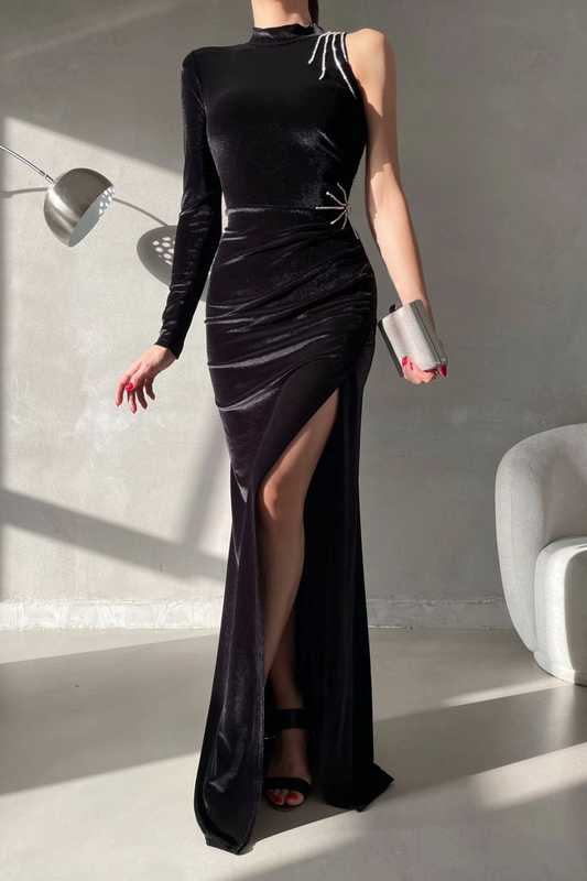 edgynewlook Charming Black Velvet One Shoulder Long Sleeves Long Prom Dress with High Split