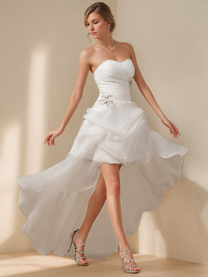 A-Line/Princess Strapless sleeveless Asymmetrical Wedding Dress with Beading & Lace