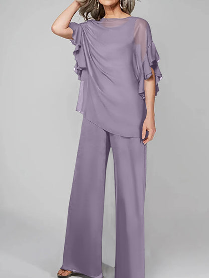 Jumpsuits Scoop Half Sleeves Chiffon Mother Of The Bride Pantsuits