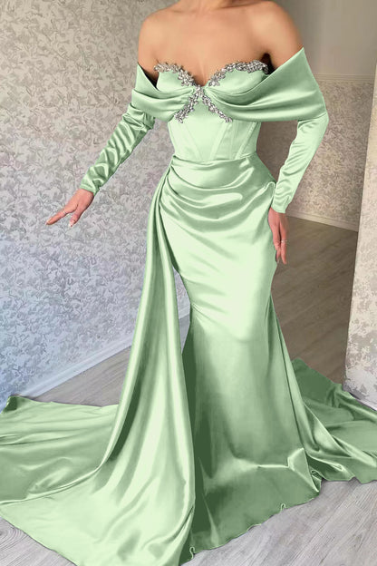 Elegant Sweetheart Portrait Long Sleeves Mermaid Prom Dress With Rhinstone Ruffles ED0396