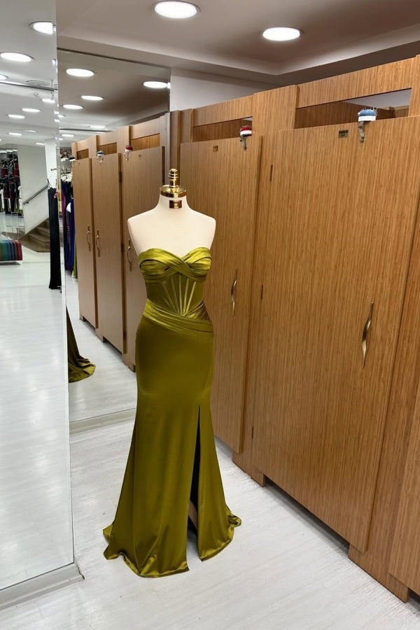 Green Pleated Strapless Split Prom Dress ZT0341