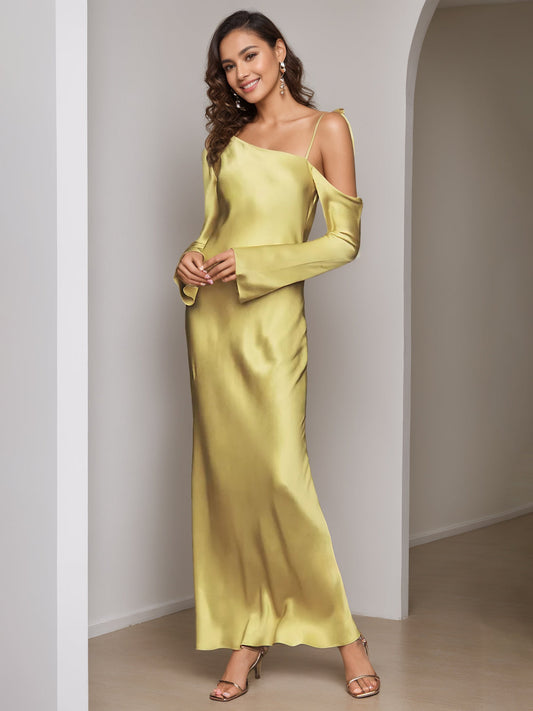 Sheath/Column One-shoulder Ankle Length Long Sleeves Wedding Guest Dress