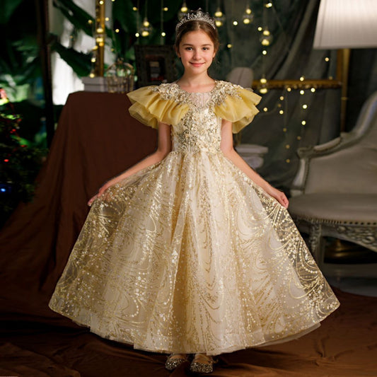 Ruffle Sleeves A-Line/Princess Floor Length Girl Party Dress with  Rhinestones Appliques