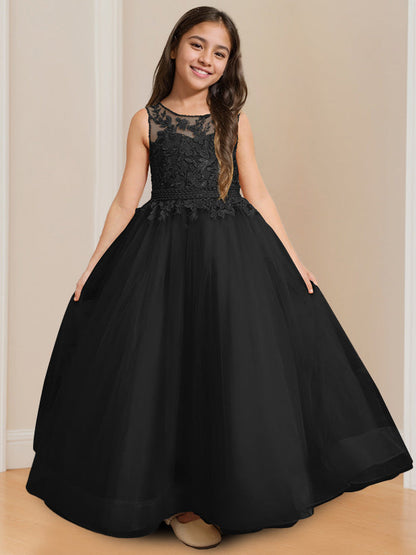 Ball-Gown Round Neck Sleeveless Floor-Length Flower Girl Dress with Appliques