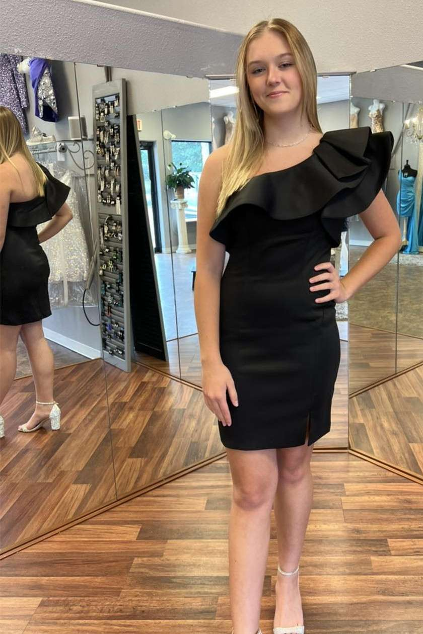 Black One-Shoulder Ruffles Bodycon Short Dress gh1266