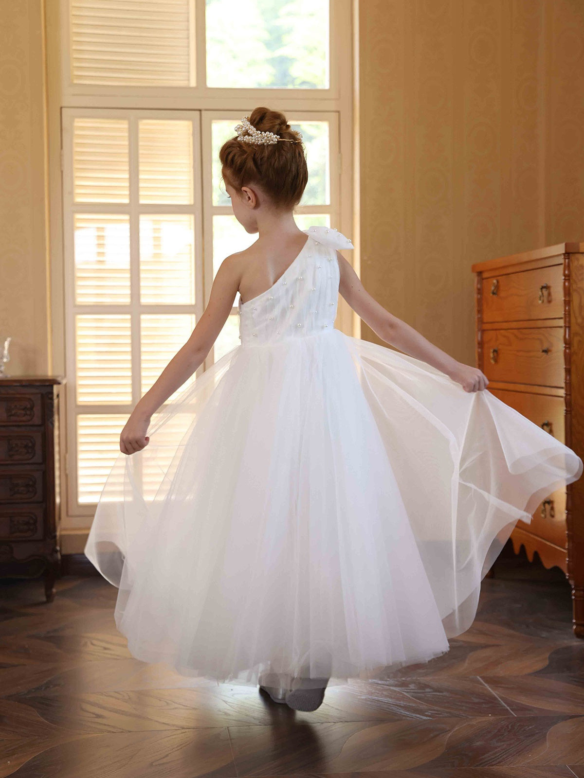 Ball-Gown Satin Tulle One-shoulder Sleeveless Ankle-Length Flower Girl Dresses With Bowknot