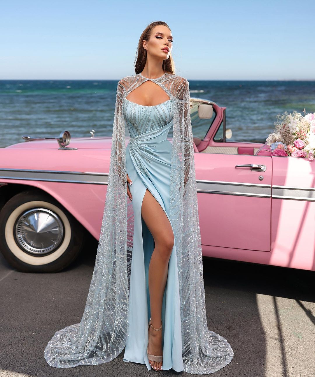 Prom Dress Baby Blue Charmeuse Sleeveless Strapless With High Slit YL0272