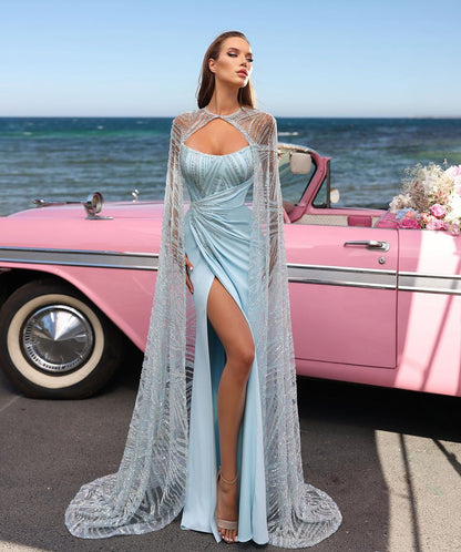 Prom Dress Baby Blue Charmeuse Sleeveless Strapless With High Slit YL0272