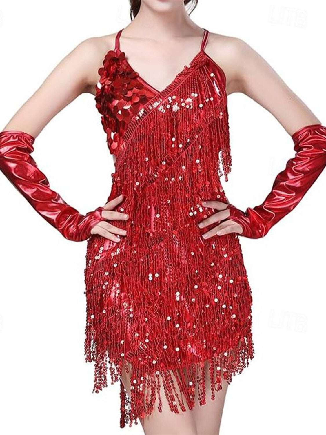 Sequins Tassel Latin Dance Dress for Women's Party Dresses  with Gloves