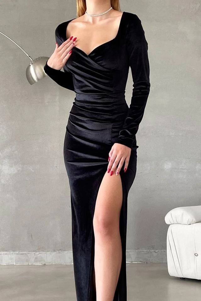 edgynewlook Stunning Regency Velvet Long Sleeves V Neck Long Prom Dress with High Split