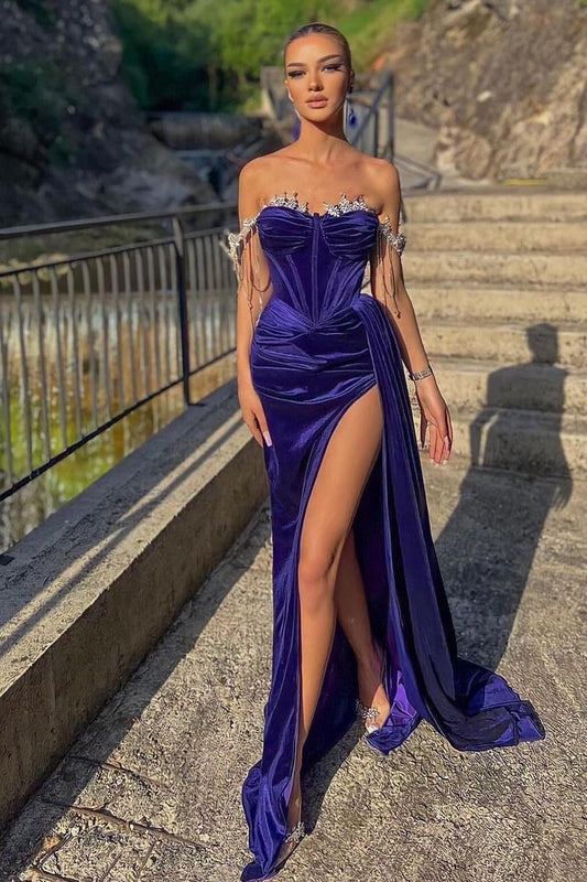 edgynewlook Exquisite Regency Off the Shoulder Strapless Long Split Pleated Prom Dress with Beadings