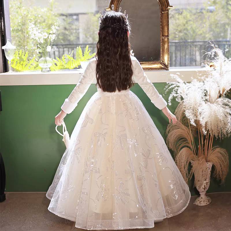 High Neck Long Sleeves Winter  A-Line Girl Party Dress with Rhinestone Appliques