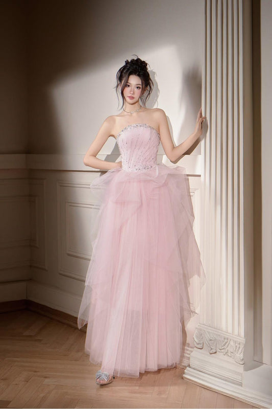 edgynewlook Charming Blushing Pink Tulle Sleeveless Strapless Ruffles Prom Dress with Sequins