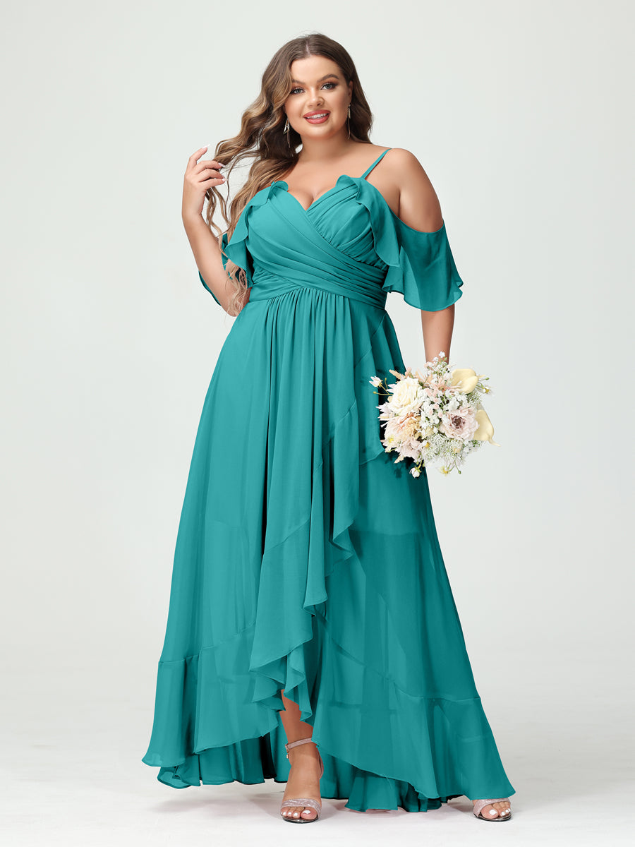 A-Line/Princess/Princess Spaghetti Straps V-Neck Short Sleeves Chiffon Asymmetrical Plus Size Bridesmaid Dresses with Ruffles