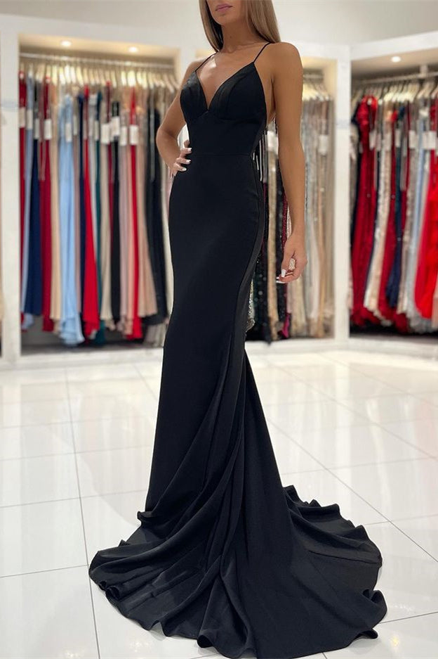 Black Spaghetti-Straps Charmeuse Mermaid Long Prom Dress  PD0679