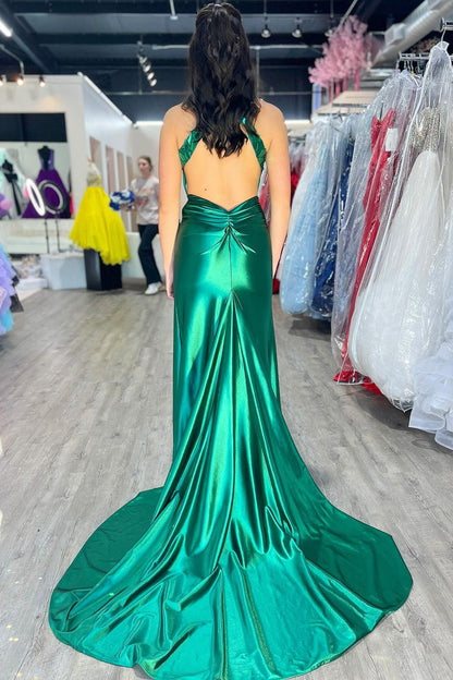 Romi | Mermaid Halter Dark Green Satin Long Prom Dresses with Beads