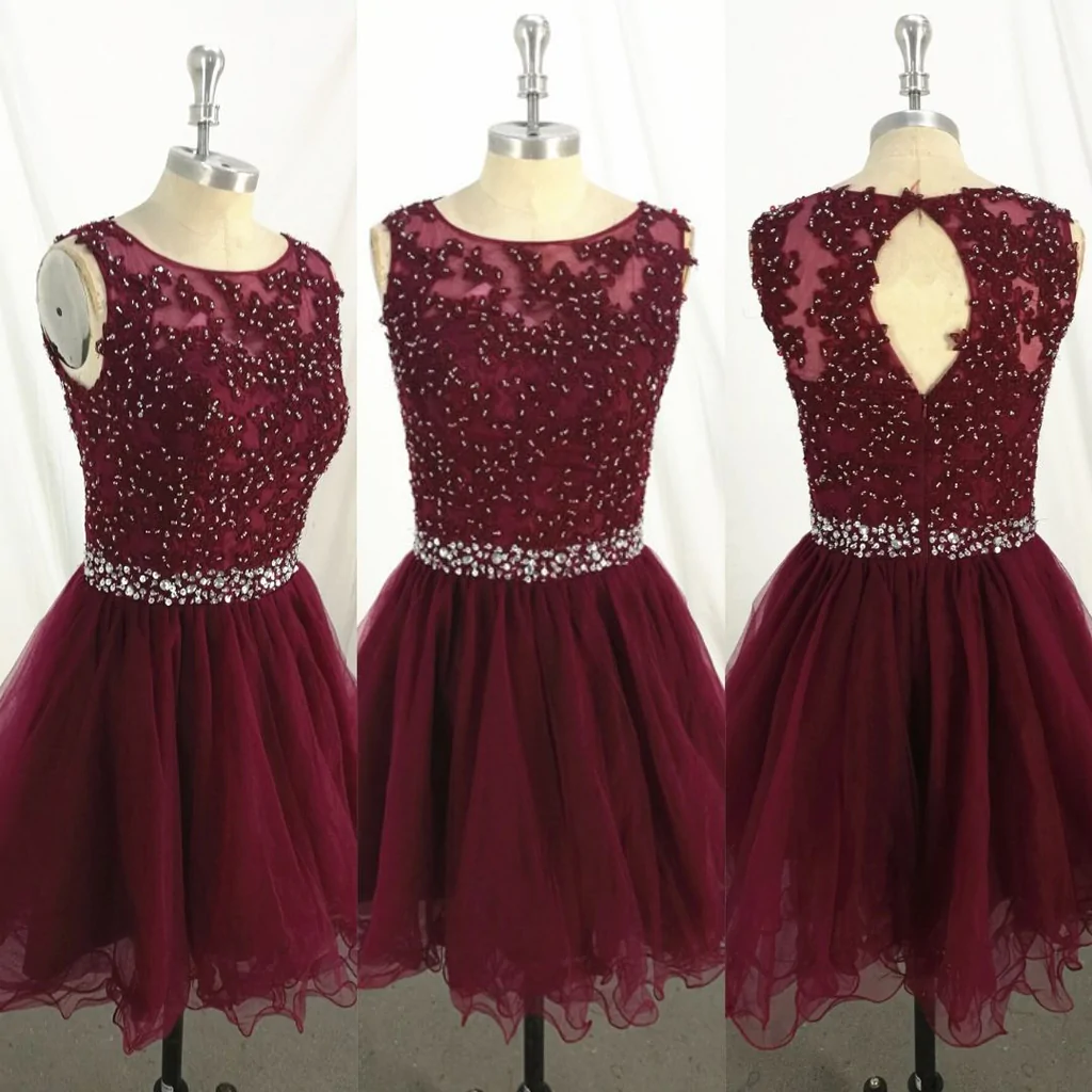 New Handmade Wine Red Knee Length Homecoming Dress, Short Party Dress gh506