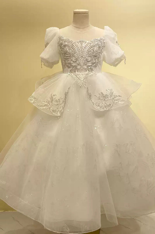 A-Line/Princess Short Sleeves Flower Girl Party Dresses with Rhinestone Appliques