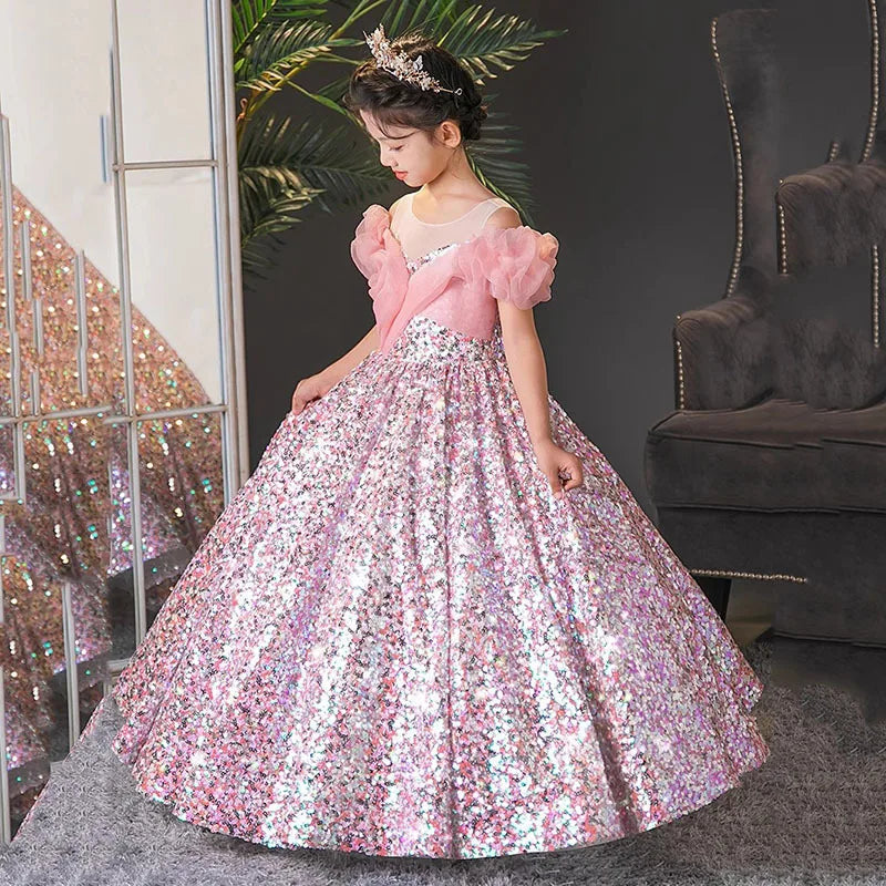 Long Sleeves Ball Gown Round Neck Flower Girl Party Dress with Ruffles