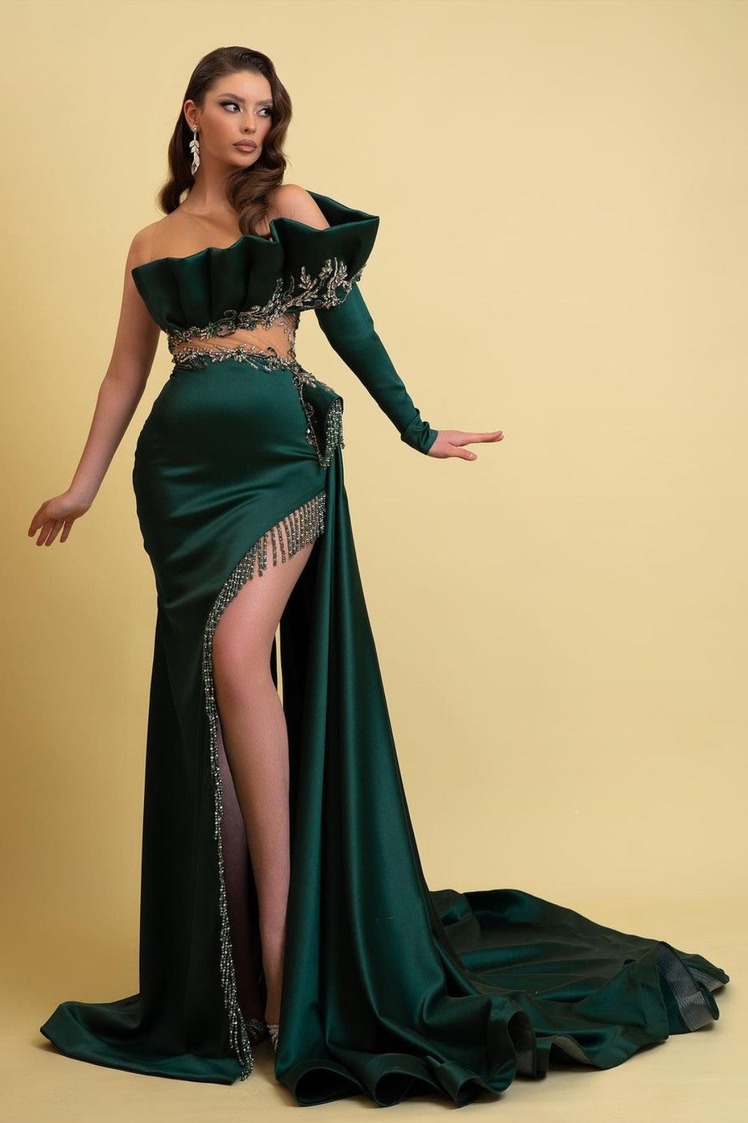 Dark Green Long Sleeves Charmeuse Prom Dress With Tassel High Slit Trail YL0260