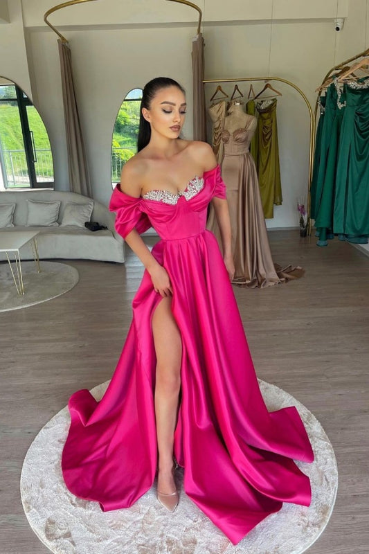 Elegant Fuchsia Off-The-Shoulder Beaded Sweetheart Prom Dress With Split ZT0177