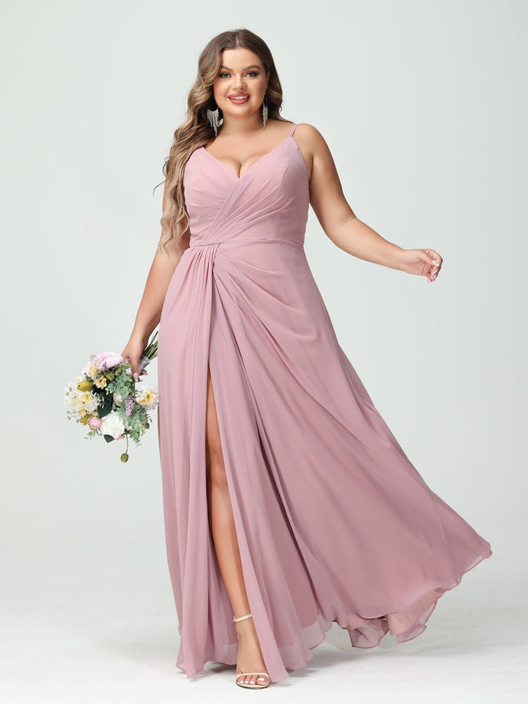 A-Line/Princess/Princess Spaghetti Straps Sleeveless Chiffon Plus Size Bridesmaid Dresses with Pockets & Split Side