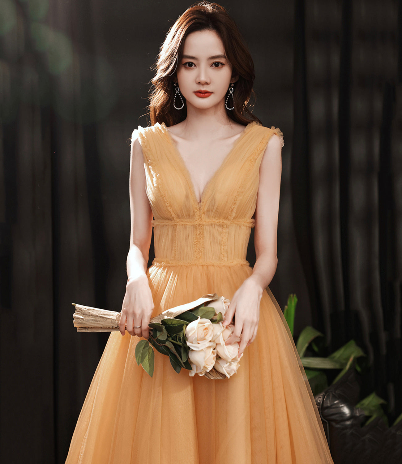 Yellow v neck tulle short prom dress homecoming dress  8982