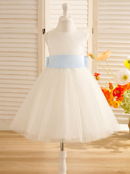 A-Line Satin Tulle Knee-length Flower Girl Dress