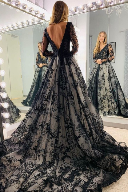 Black Appliques Illusion Long Sleeves Deep V Neck Long Wedding Dress gh2759