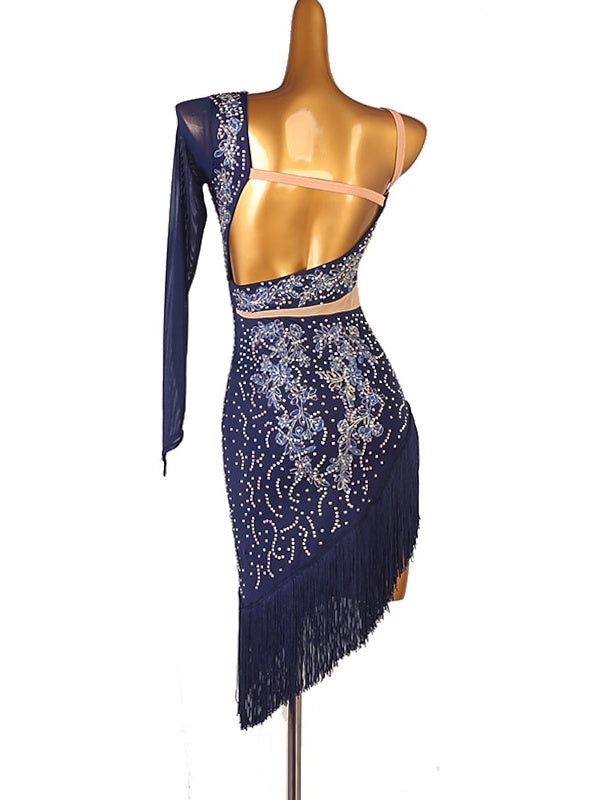 Latin Dance Dress Fringed Tassel Split Joint Crystals/Rhinestones Women‘s Performance Training Long Sleeve