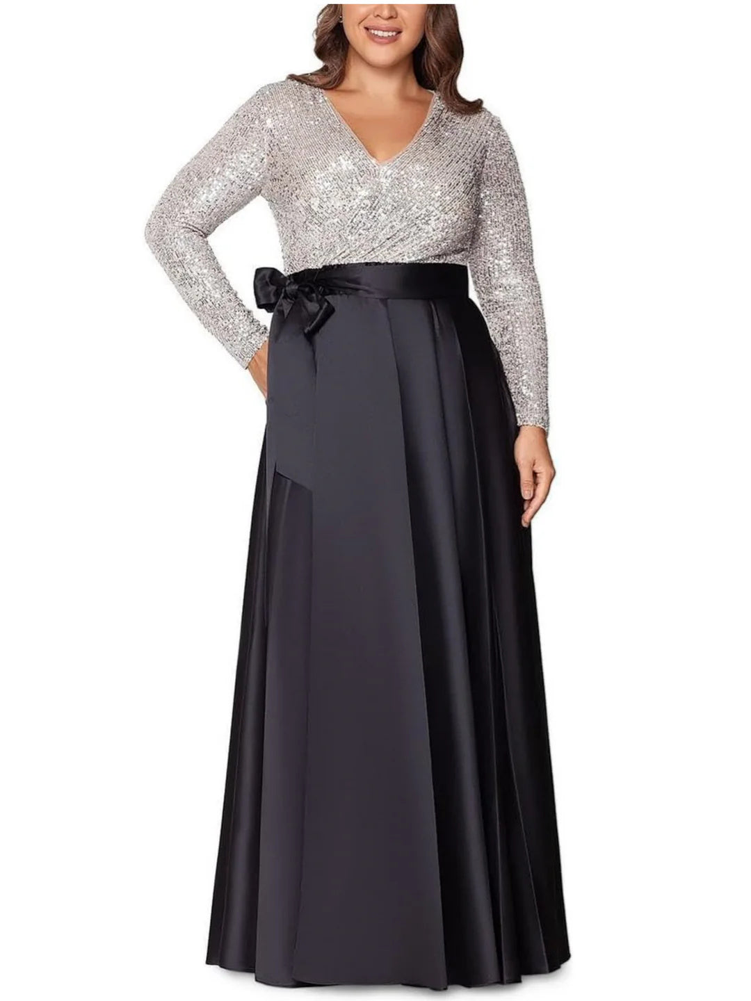 A-Line/Princess V-Neck Long Sleeves Floor-Length Plus Size Mother of the Bride Dresses With Pocket Sequins