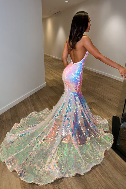 edgynewlook Halter Neck Sequins Sleeveless Mermaid Princess Prom Dress Sleeveless Laser Light Trumpet