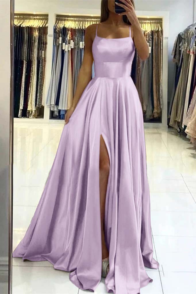 Spaghetti-Straps Pink Prom Dress With Slit PD0408