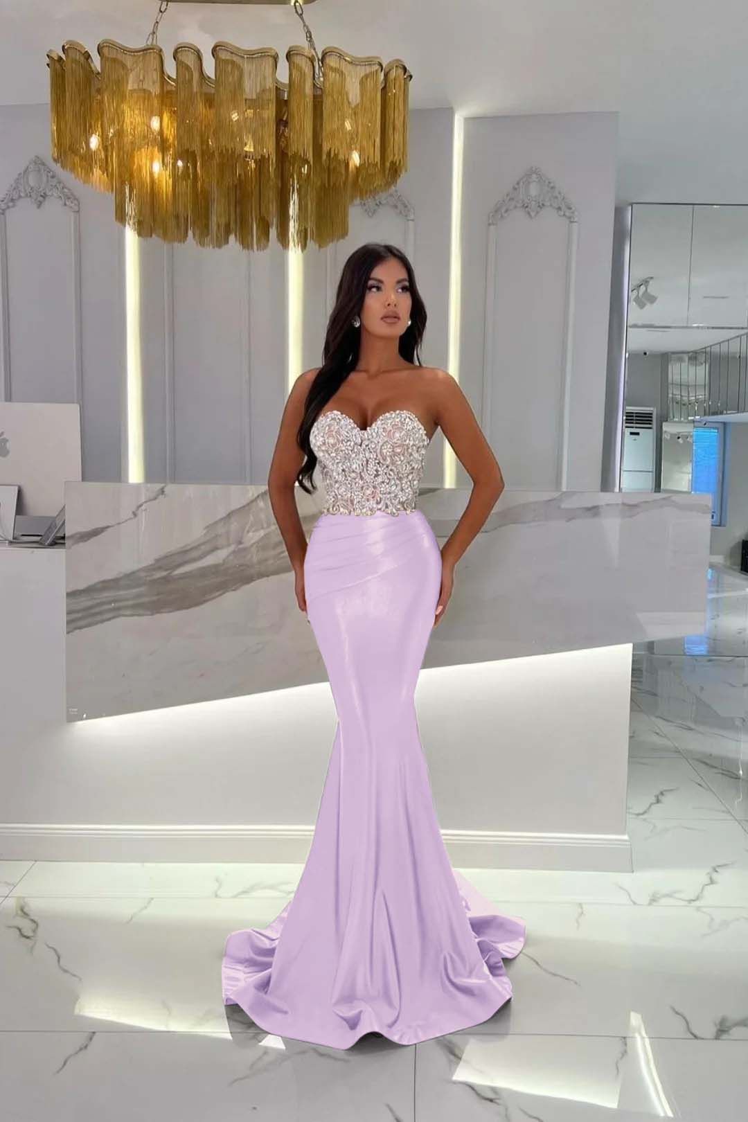 Prom Dress Satin Gold Sweetheart Sleeveless StraplessWith Rhinstone Mermaid YL0278