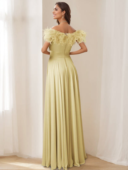 A-Line/Princess Off-the-shoulder Sleeveless Floor-Length Stretch Chiffon Evening Dress with Feather & Pleats