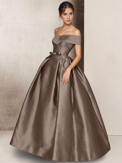 A-Line Strapless Short Sleeve Floor Length  Mother of the Bride Dresses Satin with Bow(s)