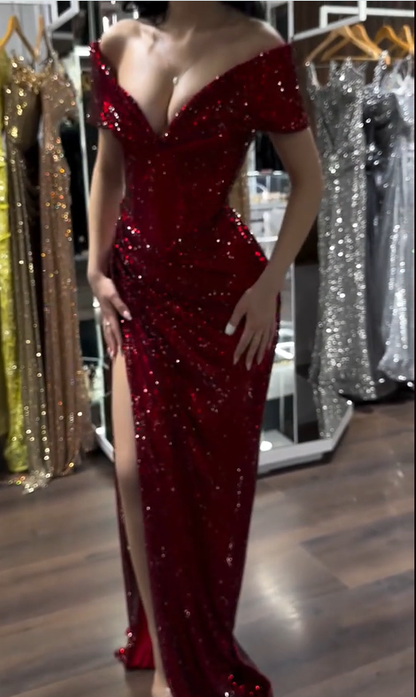 edgynewlook Burgundy Off-the-Shoulder V-Neck Prom Dress Slit with Sequins